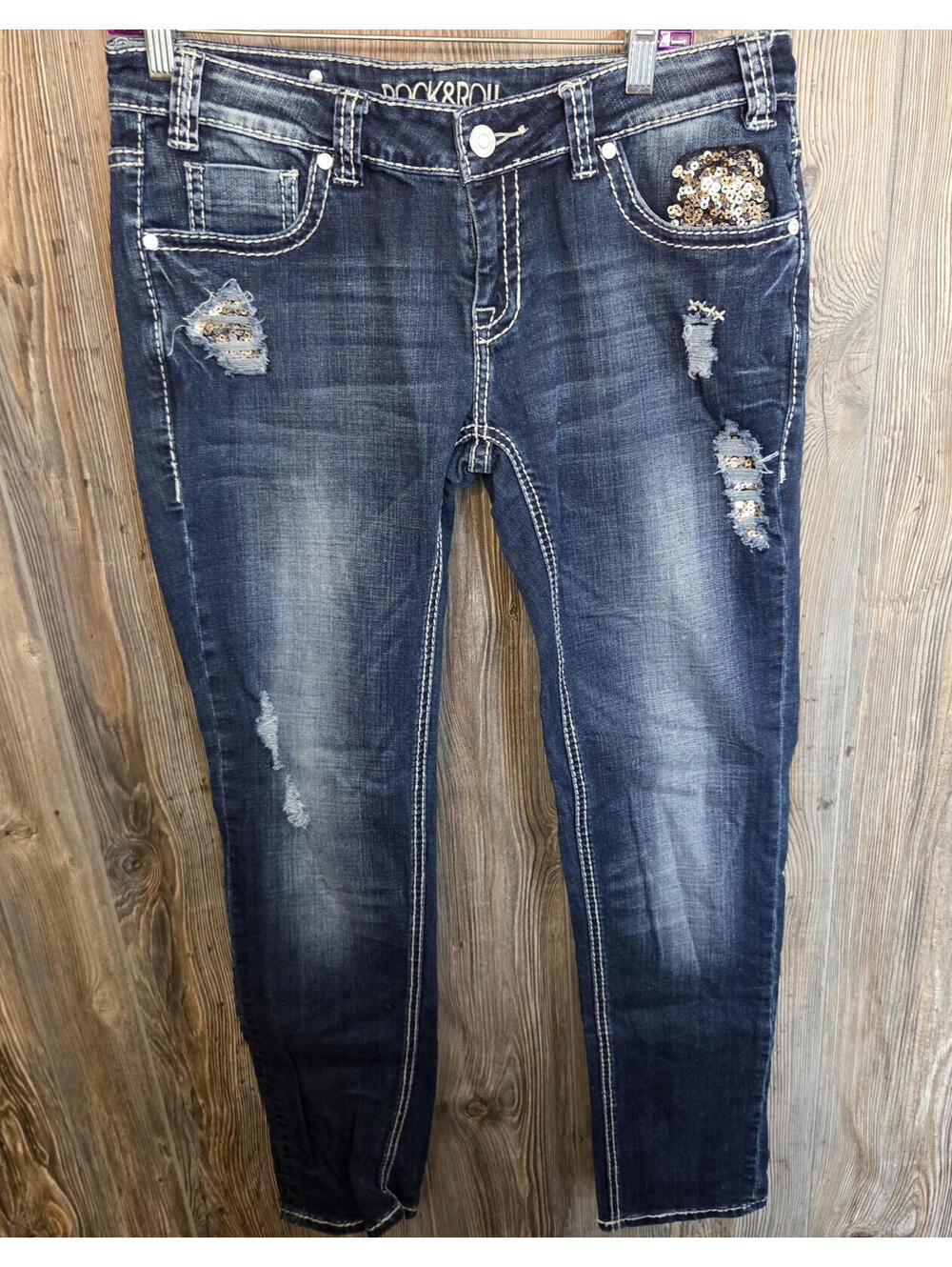 Rock & Roll Cowgirl Denim Blue Jeans Women Size 31x32 Low Rise Skinny Western